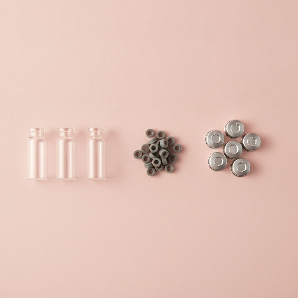 10ml glass vials, rubber stoppers and flip-off aluminium caps supplied as separate unassembled components