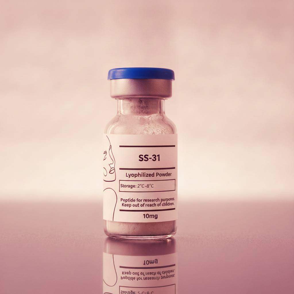 SS-31 10mg research compound, freeze-dried powder in a sealed glass vial