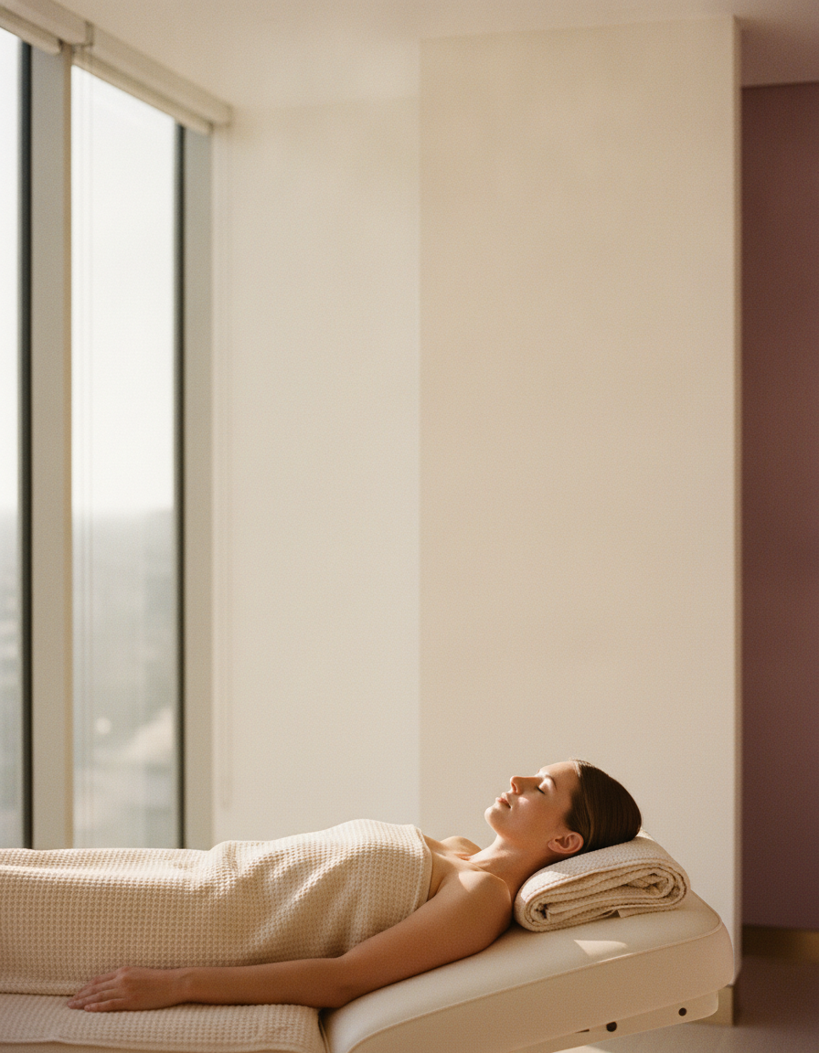 A client resting on a treatment bed in a quiet Blaque Sigma treatment room after premium body contouring, Northriding, Randburg