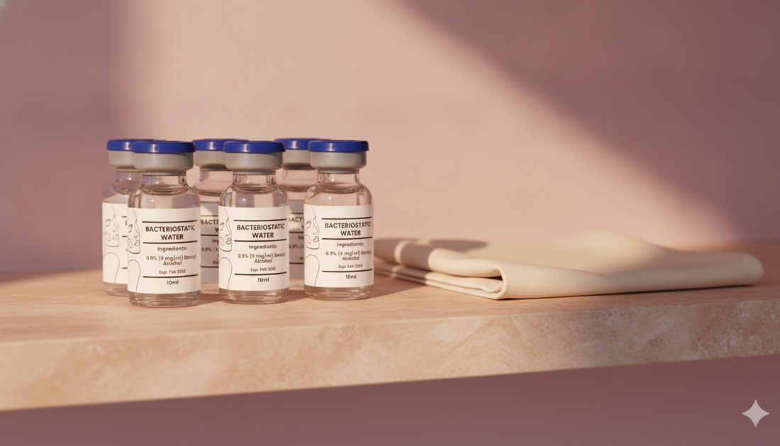 Blaque Sigma bacteriostatic water vials on a warm stone shelf