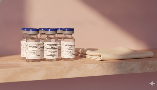 Blaque Sigma bacteriostatic water vials on a warm stone shelf