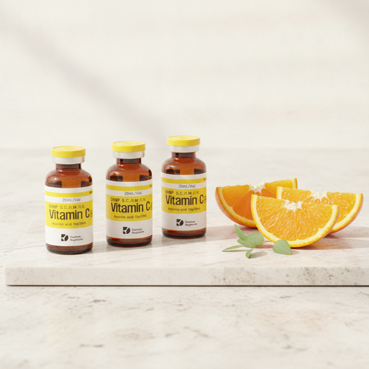 Amber Vitamin C vials on a marble board beside fresh orange slices