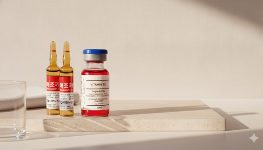 Mesocartin L-carnitine ampoules beside a Vitamin B12 vial on a travertine slab