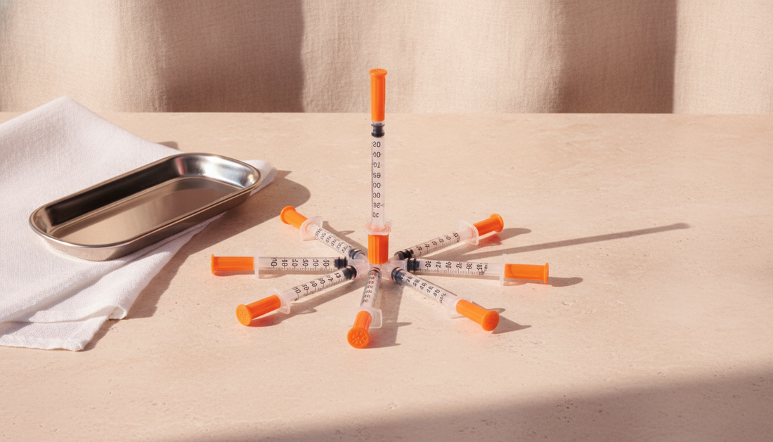 Insulin syringes arranged in a fan beside a stainless tray and folded cloth