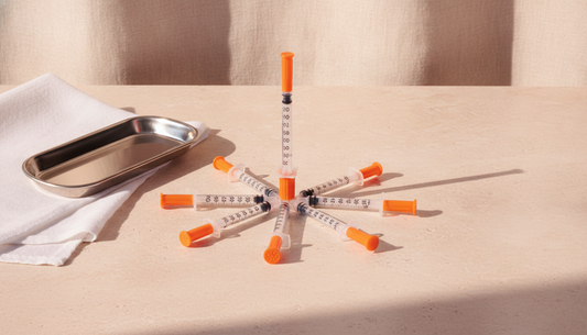 Insulin syringes arranged in a fan beside a stainless tray and folded cloth