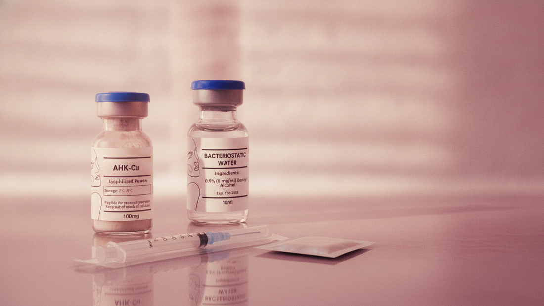 An AHK-Cu research peptide vial and a bacteriostatic water vial with an insulin syringe and alcohol swab on a rose quartz bench
