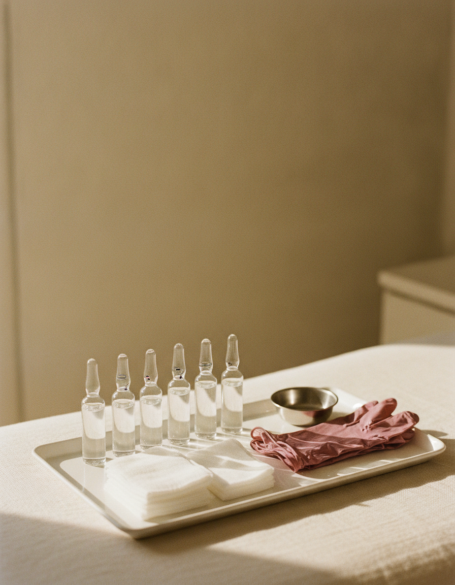 A sterile prepared tray of plain glass ampoules and gauze before a Blaque Sigma body contouring session in Northriding, Randburg