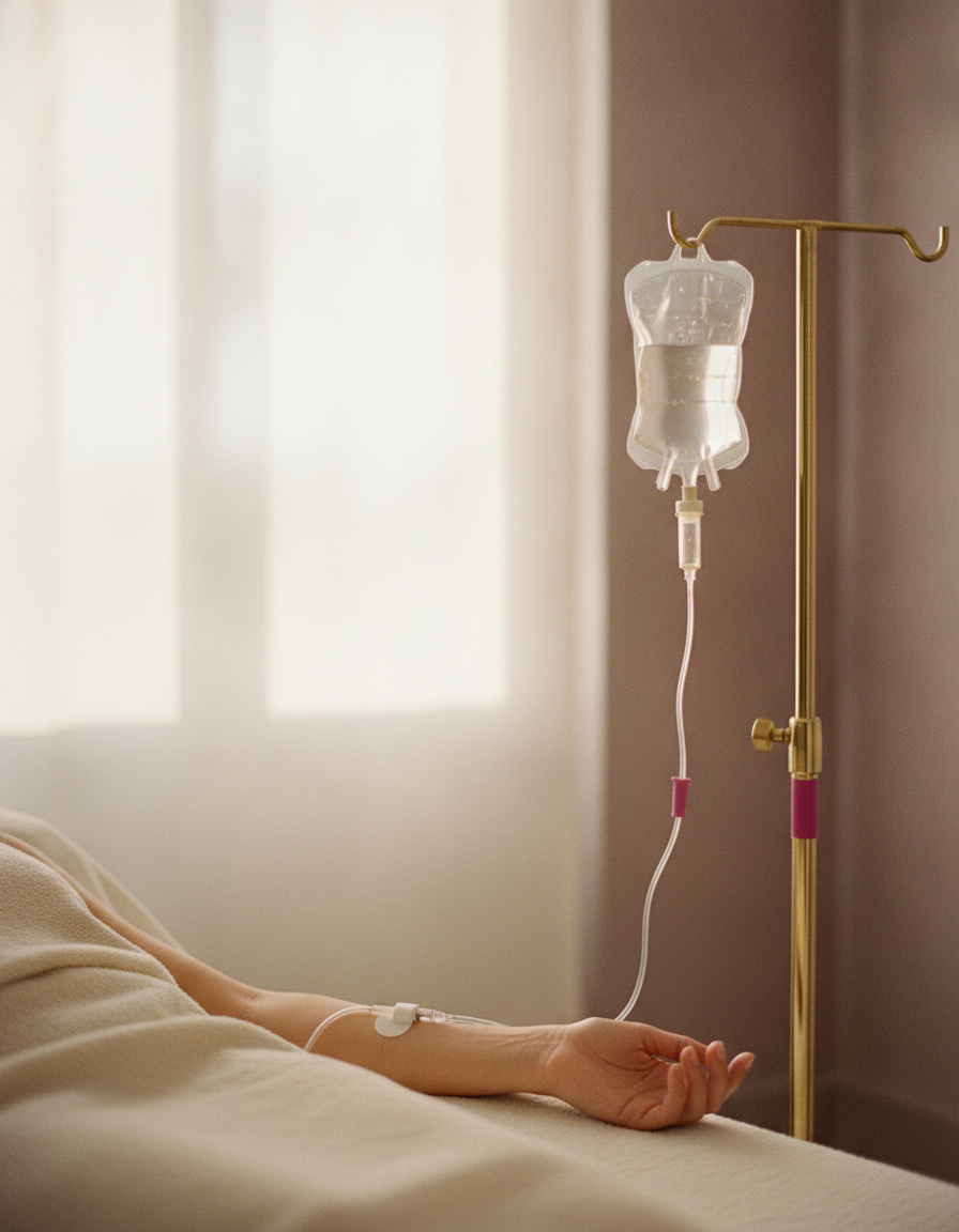 IV drip stand beside a treatment bed during the infusion hour of a Blaque Sigma body and IV ritual in Northriding, Randburg