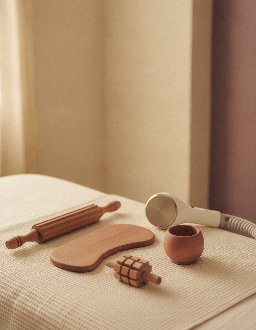 Wooden maderotherapy contouring tools and an ultrasonic cavitation handpiece laid out on cream towelling at a Blaque Sigma treatment bed in Northriding, Randburg