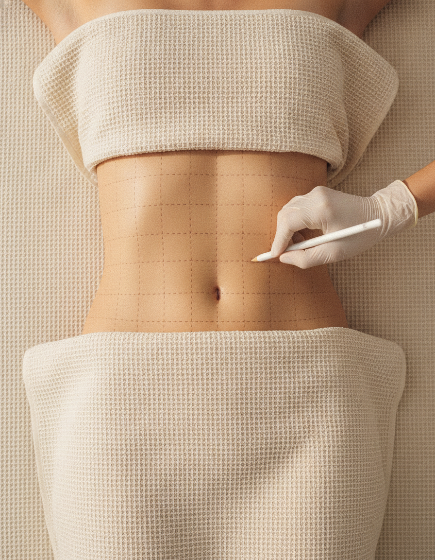 The treatment area mapped with a surgical pencil before a Blaque Sigma targeted body contouring session in Northriding, Randburg