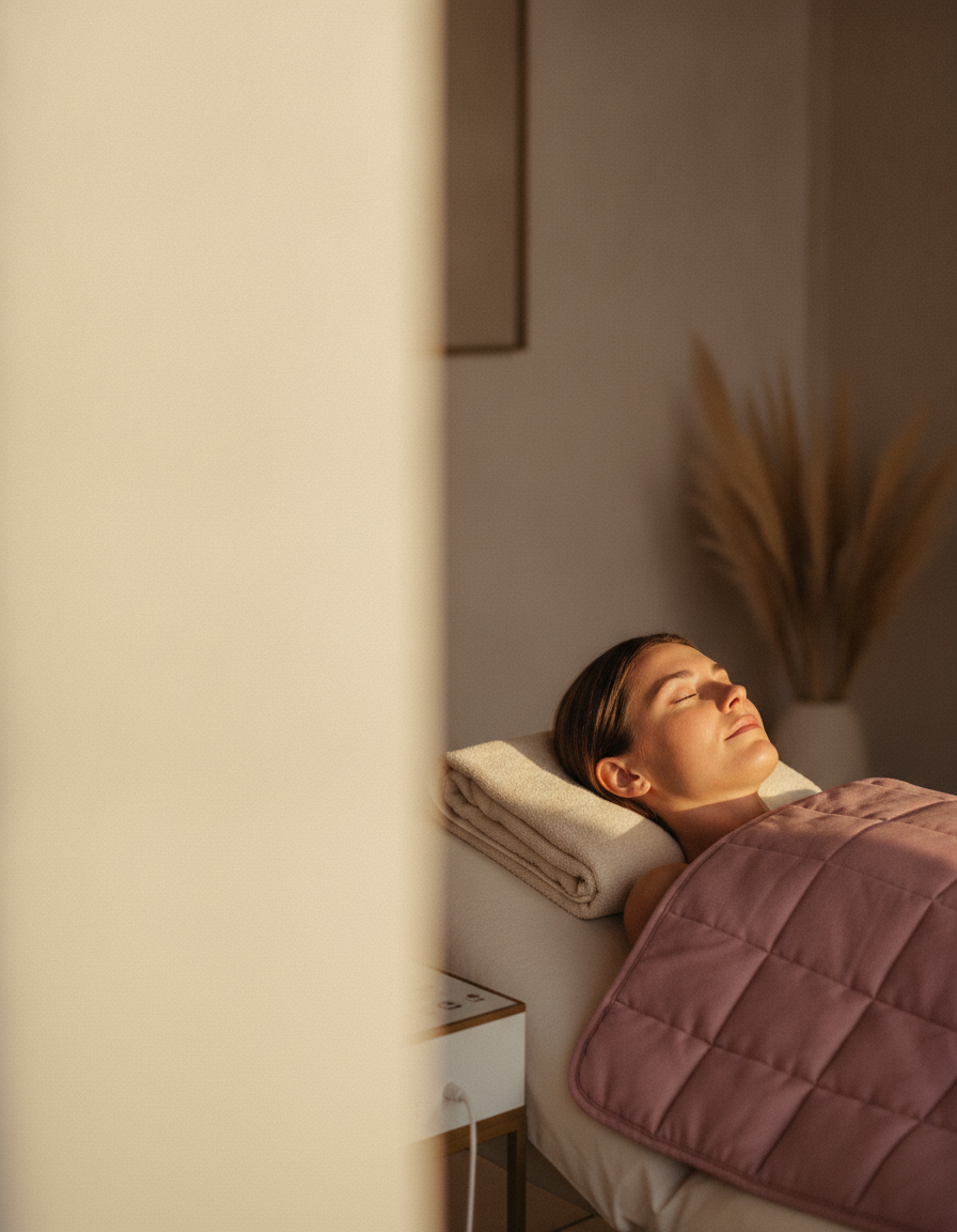 A client resting in an infrared sauna blanket to finish a Blaque Sigma body contouring ritual in Northriding, Randburg