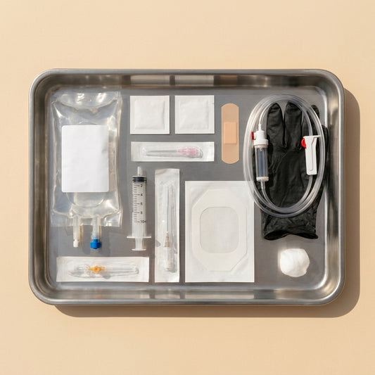 IV drip administration set laid out on a steel tray, full pack | Blaque Sigma