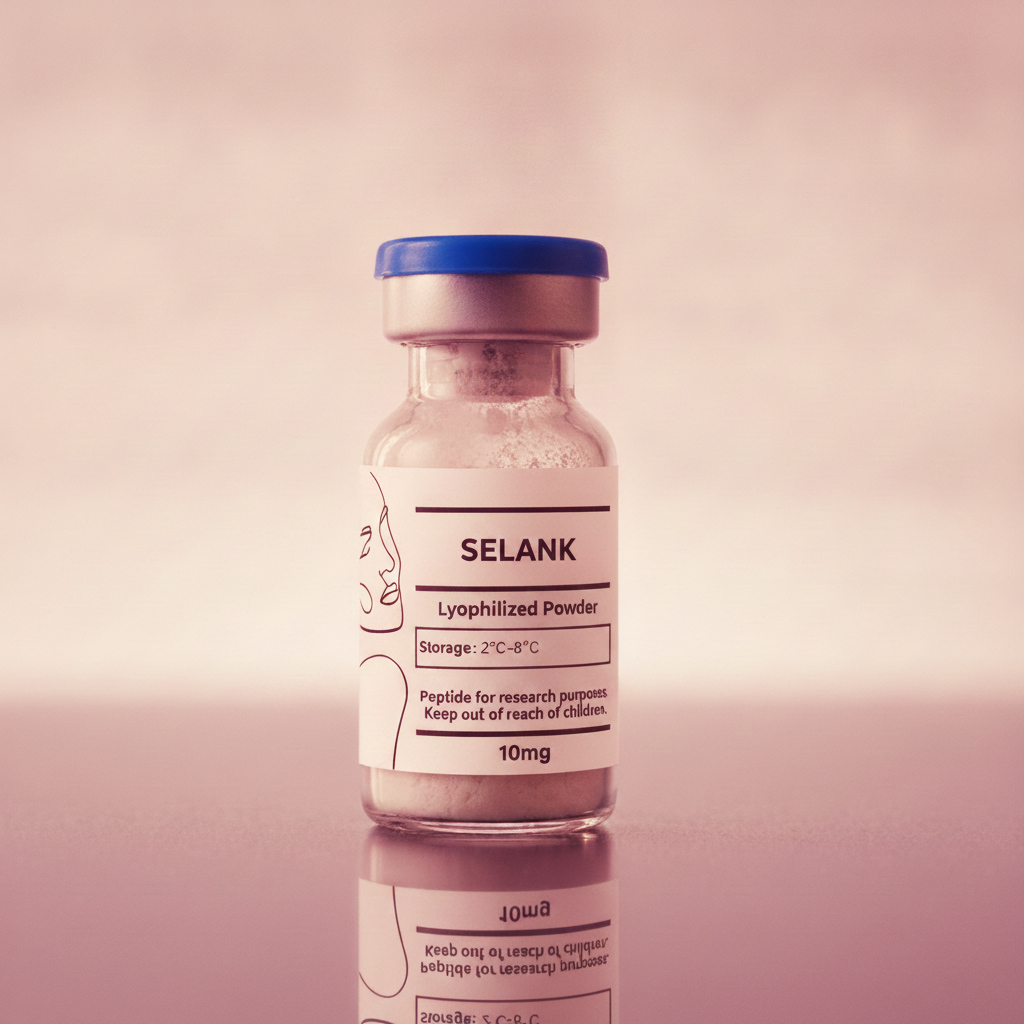 Selank 10mg research compound, freeze-dried powder in a sealed glass vial