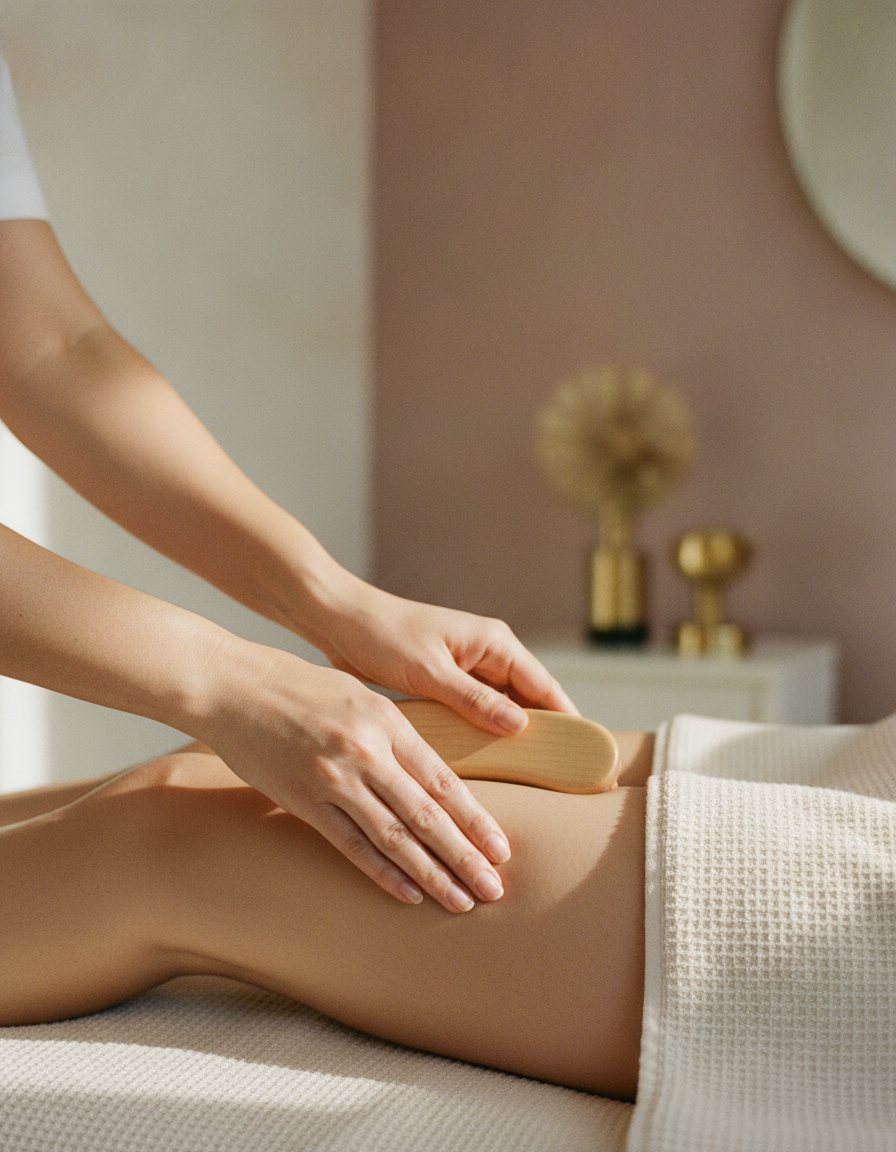 Wood therapy worked along the thigh during a Blaque Sigma sculpt ritual in Northriding, Randburg
